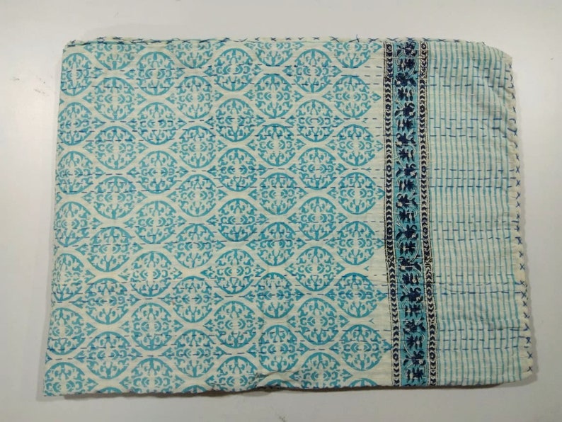 Twin Size Indian Hand Block Print Kantha Quilt, Reversuble Cotton ...