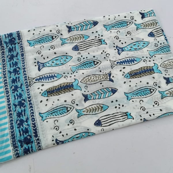 Decorative Fish Print Scarves, Women Wear Block Print Sarong,Sanganeri Cotton Duppta, Indian Handmade Beach Pareo, Beautiful Printed Scarf
