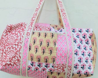 Bolsa de lona de algodón indio hecha a mano bolsa de fin de semana acolchada bolsa floral grande durante la noche, bolsa de tocador grande, hermosa bolsa de viaje, regalo para niñas