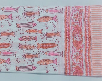 Bufandas decorativas indias con estampado de peces, sarong con estampado de bloques de mano, duppta de algodón Sanganeri, pareo de playa hecho a mano, hermosa bufanda estampada