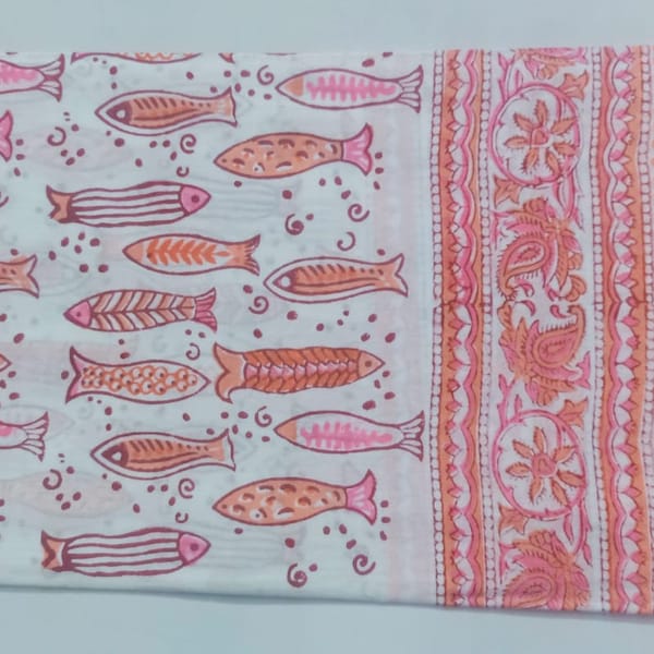 Indische dekorative Fischdruckschals, Handblockdruck-Sarong, Sanganeri-Baumwollduppta, handgefertigter Strandpareo, wunderschöner bedruckter Schal