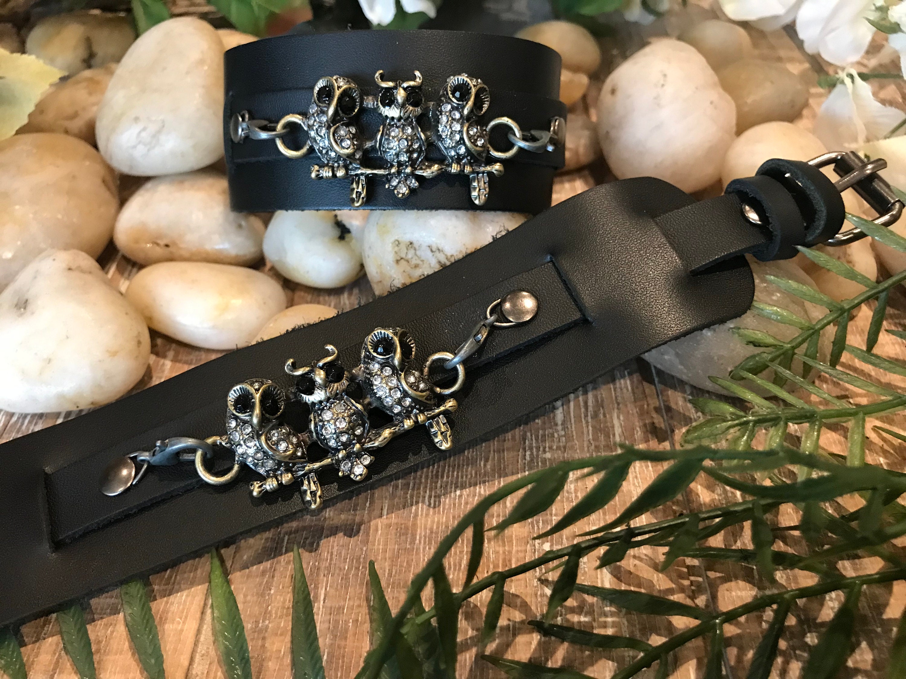 THREE OWLS Black Leather Cuff Bracelet