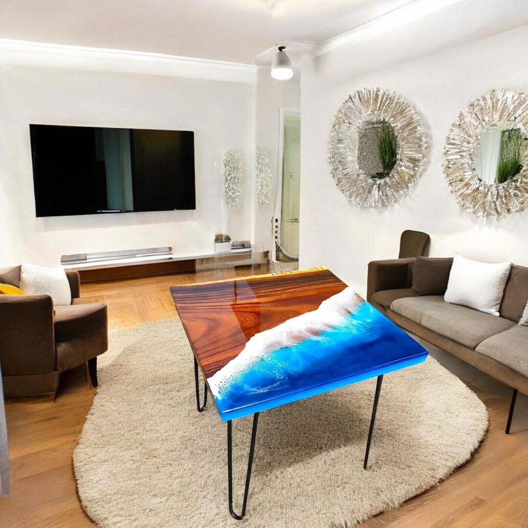 Handmade Ocean Wave Epoxy Resin Round Coffee Table Top Acacia Wood Live ...