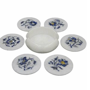 White Marble Coaster Set with Mother of Pearl Stone Inlay Work Coffee Coaster Set from Indian Cottage Art and Crafts