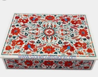 Floral Design White Marble Stone Inlay Box Antique Pietra Dura Carnelian Inlaid gift Home Decor, wedding, kitchen Restaurant hotel bar spice