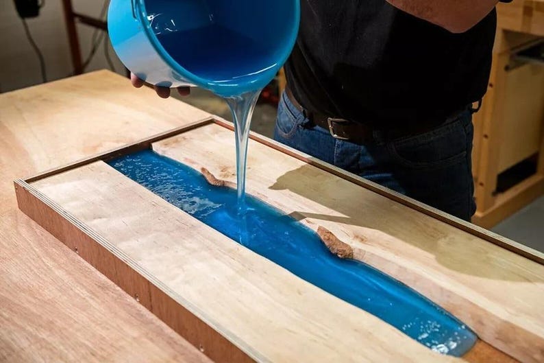 Turquoise Epoxy Resin Dining Table Top Custom Wooden Acacia Centerpiece