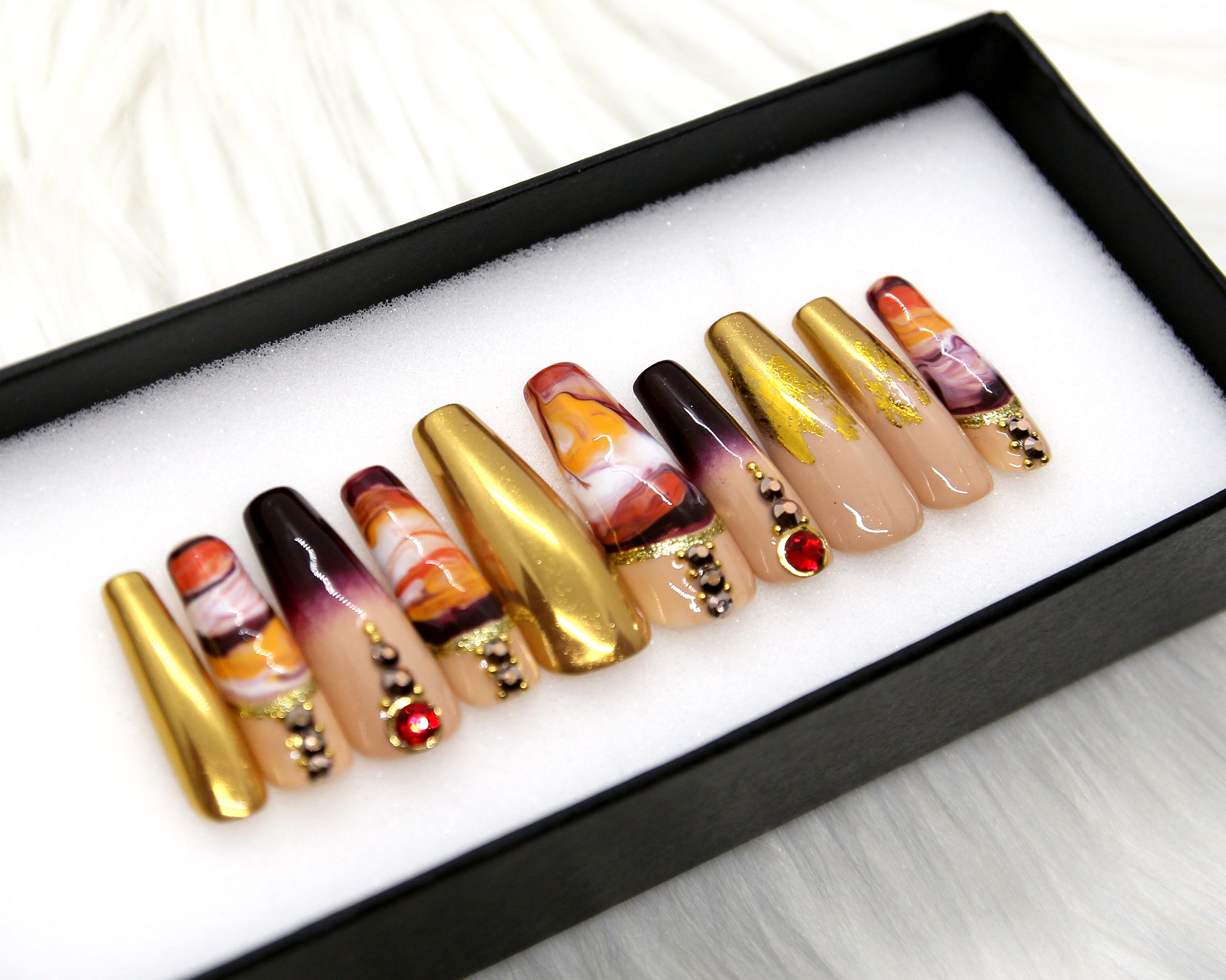 Golden Ombre Glue On Nails Fake Nails Set Luxury Long | Etsy