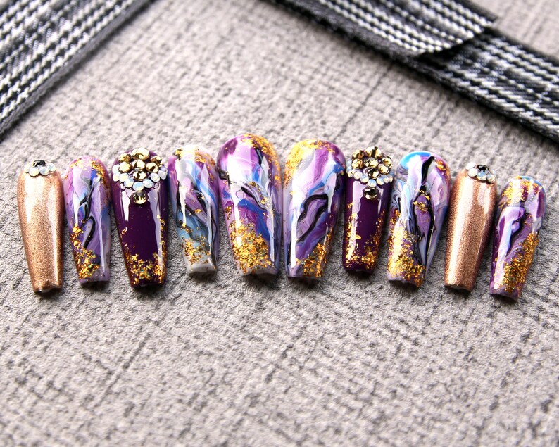 Jasmine Skyline Fake Nails Glossy Set Purple Press On Nails Etsy