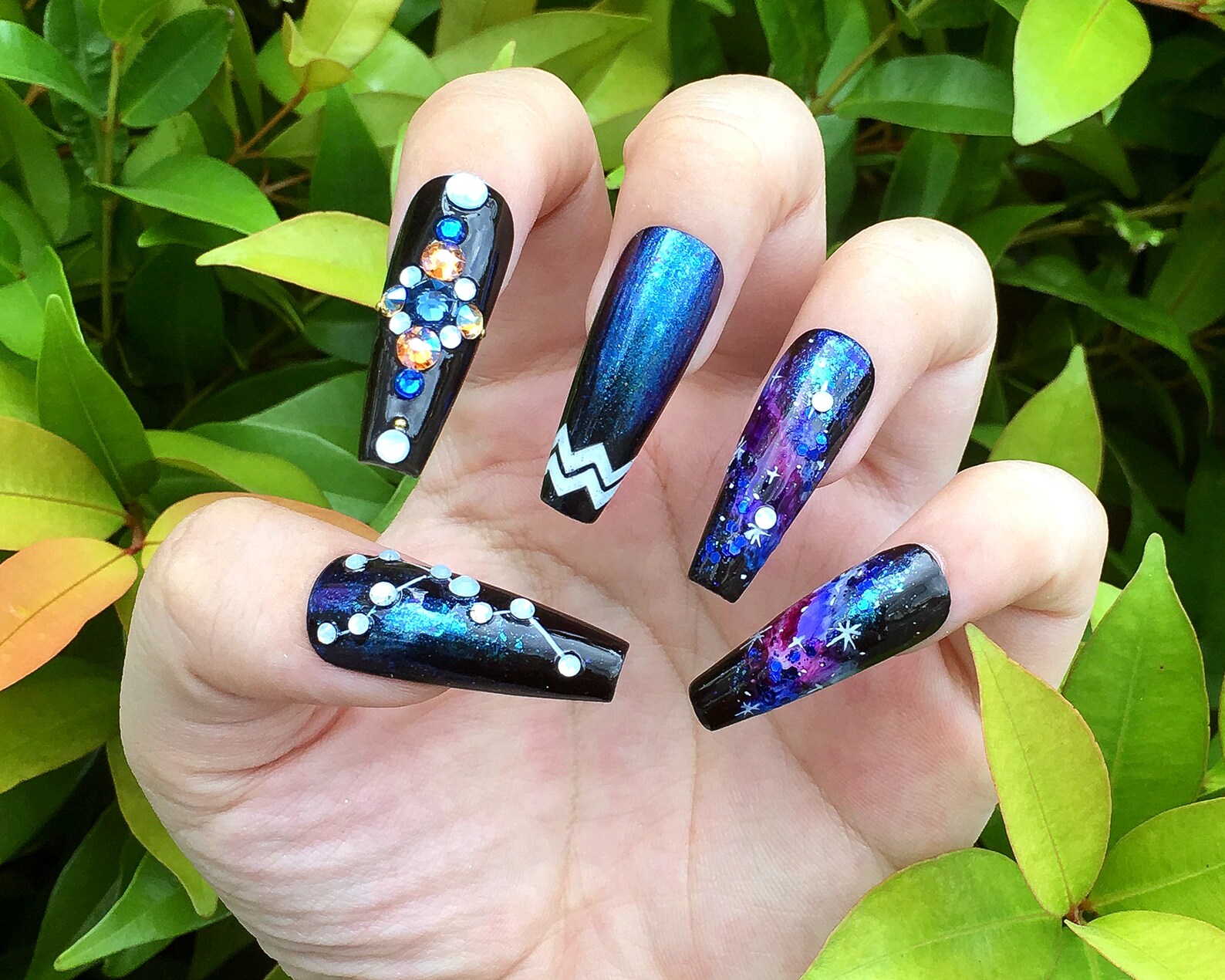 Aquarius Zodiac Sign Press On Nails Coffin Luxury Fake Nails | Etsy