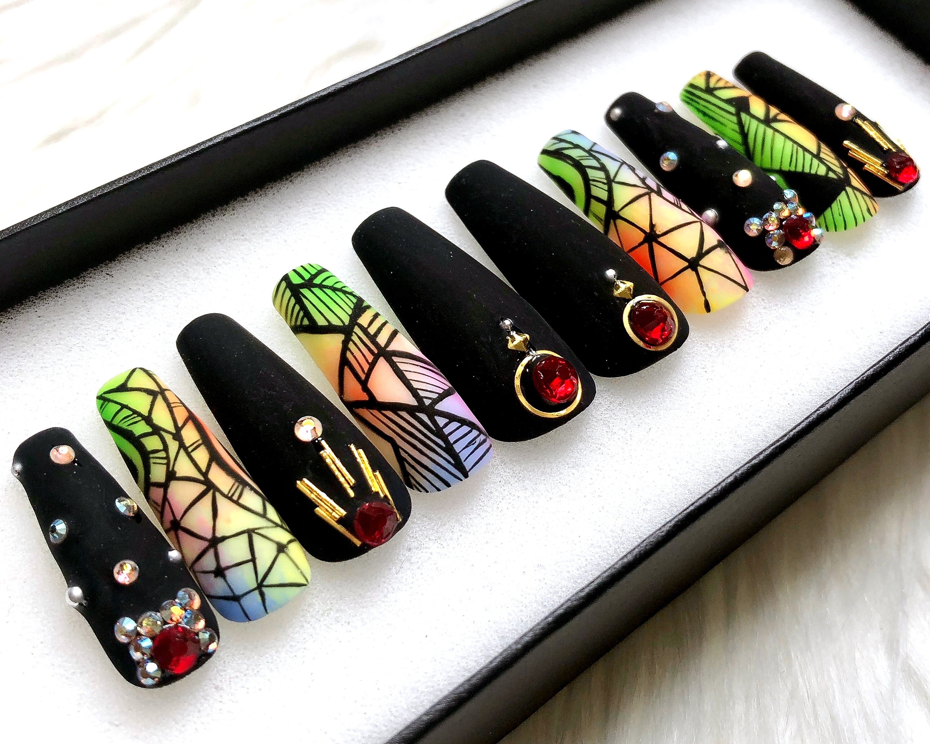 Press On Nails Coffin Stained Glass Luxury Fake Nails | Etsy