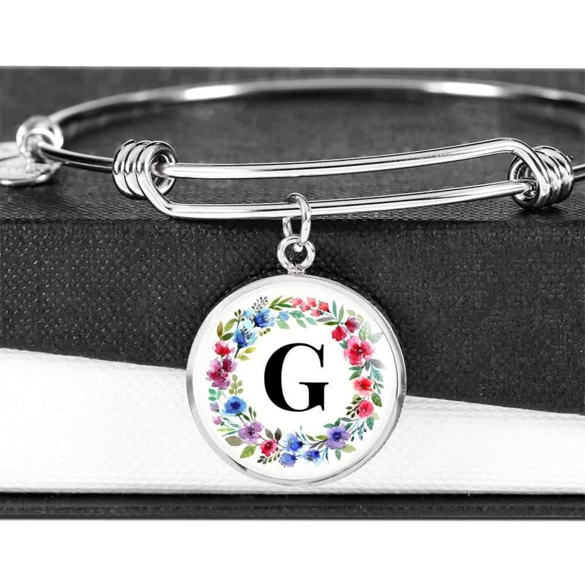 Floral Letter G Initial Bangle Bracelet Or ou acier inoxydable | Etsy