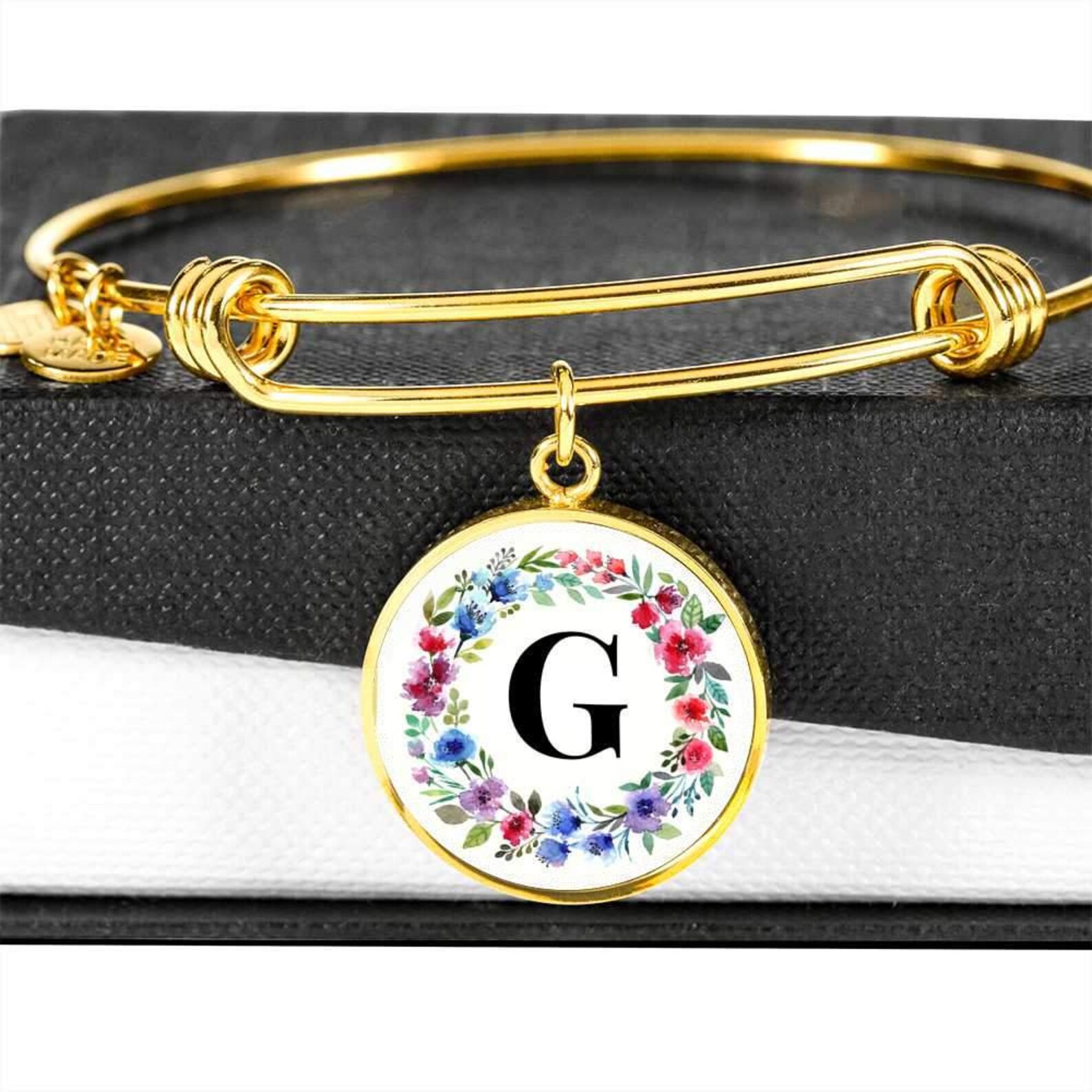 Floral Letter G Initial Bangle Bracelet Or ou acier inoxydable | Etsy