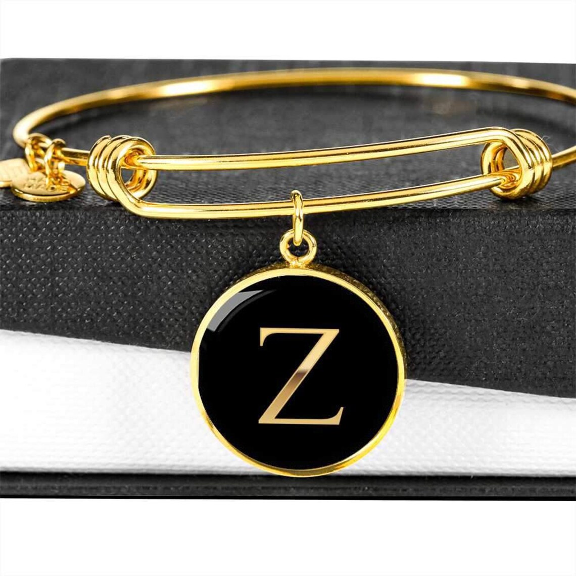 Letter Z Initial Black Bangle Bracelet Gold or Stainless Steel Etsy