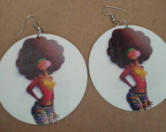 Afro Woman Chewing Gum Earrings, Hippie Afrocentric Woman Earrings