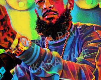 May include: A vibrant, stylized portrait of a man with a full beard and gold jewelry. He wears a blue and red striped long-sleeved shirt and a gold pendant. The background is a mix of yellow, green, and blue.