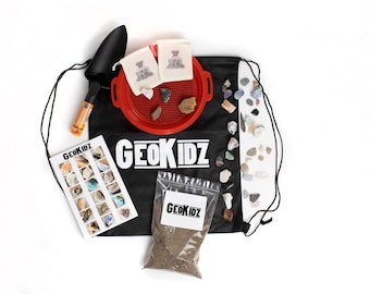 Kit de Escavação Geológica GeoKidz para Crianças - Kit de Ciências para Crianças, Conjunto para Coleta de Rochas e Escavação de Minerais com Peneira e Pá