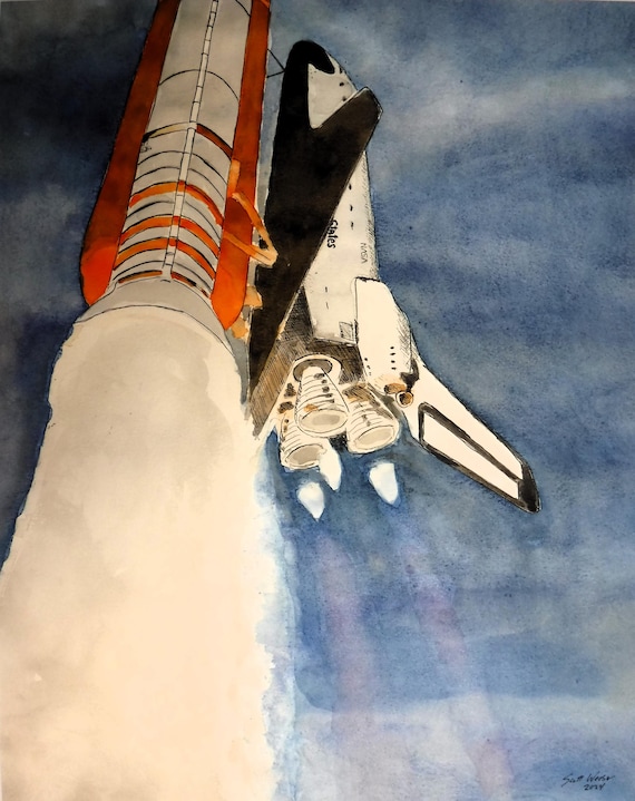 スペースシャトル チャレンジャー号の絵画：オリジナルの水彩画と