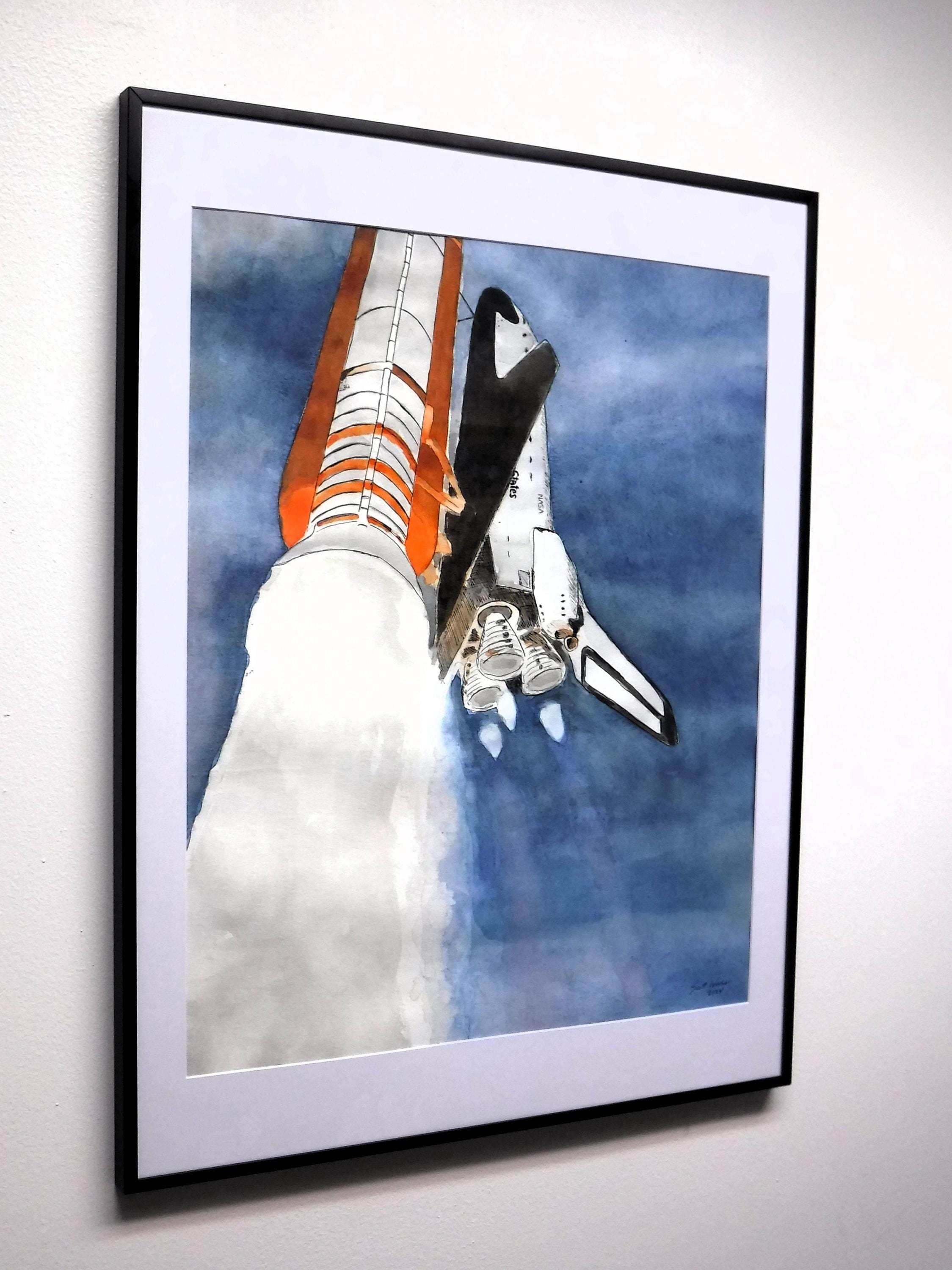 スペースシャトル チャレンジャー号の絵画：オリジナルの水彩画と