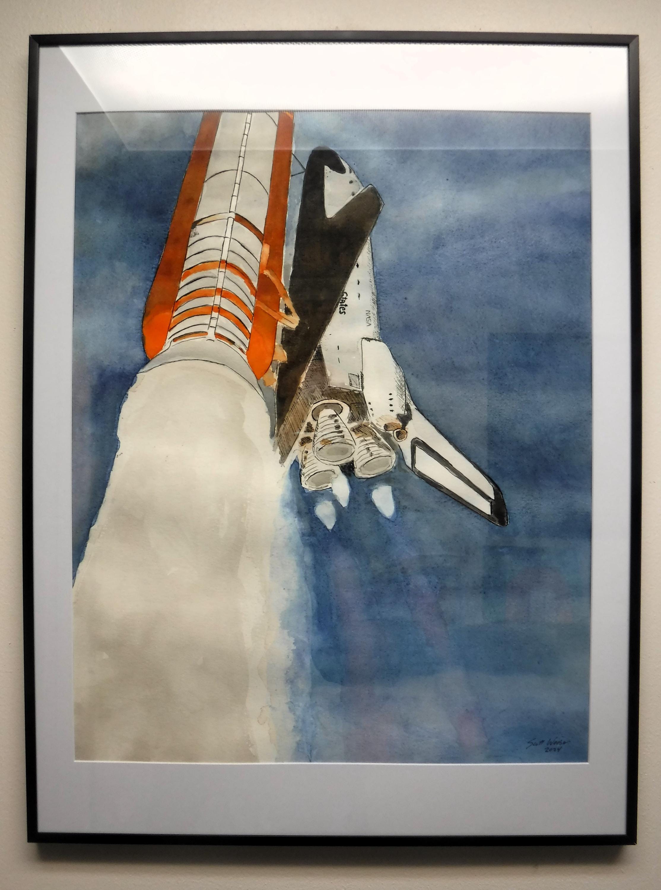 スペースシャトル チャレンジャー号の絵画：オリジナルの水彩画と