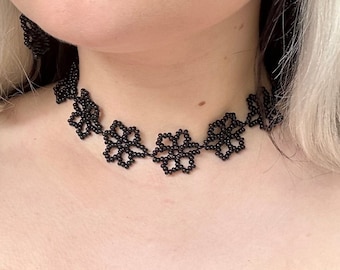Handmade Beaded Black Flower Choker: Glass Seed Bead Necklace