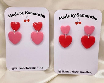 Boucles d&#39;oreilles pendantes coeur rouge et rose : boucles d&#39;oreilles tendance à deux niveaux en pâte polymère