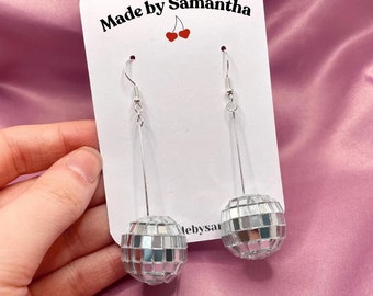Disco Ball Earrings: Handmade Dangle Silver Mirrorball Party Earrings
