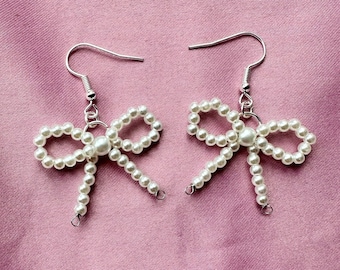 Handmade Faux Pearl Bow Earrings: Silver Plated Dangle Earrings
