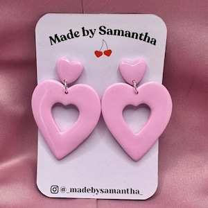 Handmade Light Pink Heart Dangle Earrings: Barbiecore Polymer Clay Earrings