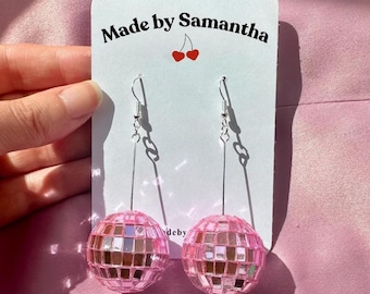 Pink Disco Ball Earrings: Handmade Dangle Mirrorball Party Earrings