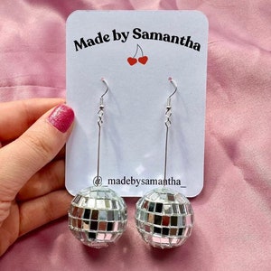 Medium Disco Ball Earrings: Handmade Dangle Silver Mirrorball Party Earrings