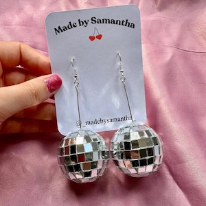 Large Disco Ball Earrings: Handmade Dangle Silver Mirrorball Party Earrings
