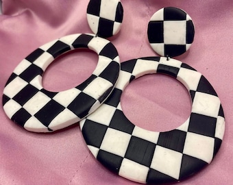 HUGE cut out round shaped polymer clay checkerboard earrings in black and white