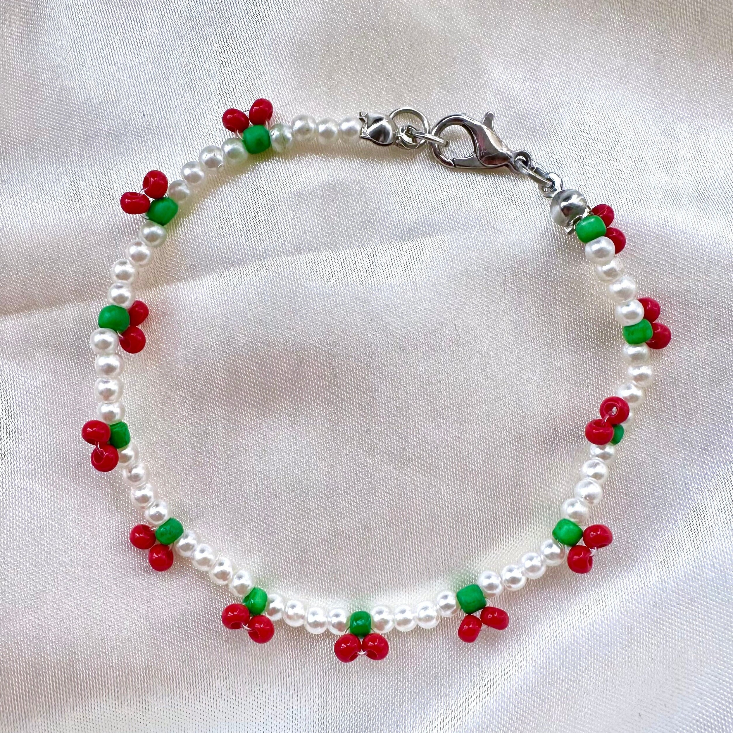 Handmade Cherry & Faux Pearl Beaded Bracelet - Etsy