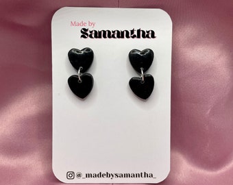 Black polymer clay two-tier dangly heart earrings | Valentine's earrings