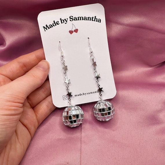 Handmade Disco Ball Earrings: Sterling Silver Star Chain Mirrorball Earrings