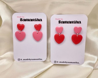 Red and pink polymer clay two-tier dangle heart earrings | Dangly heart earrings | Barbie earrings | Valentine's earrings