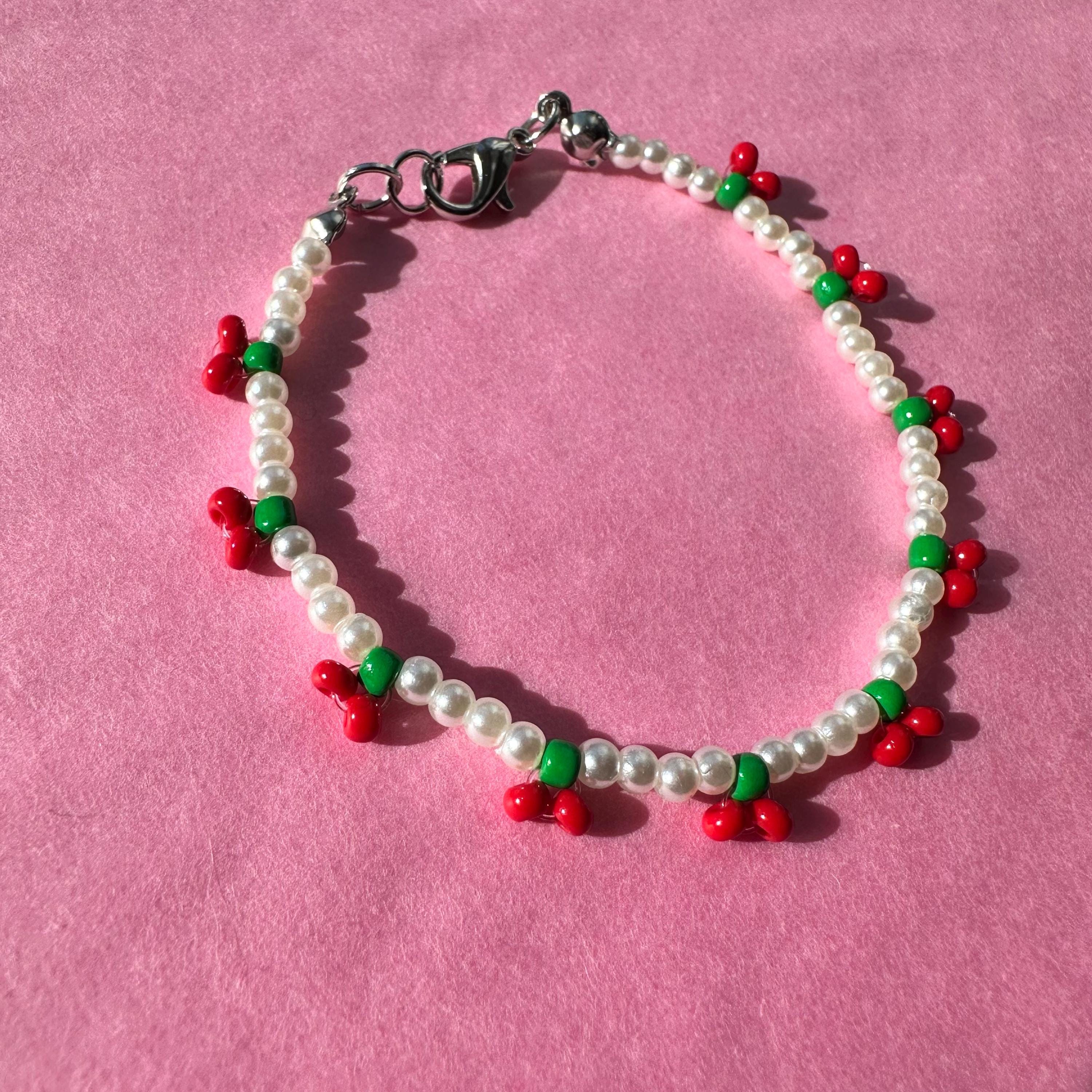 Handmade Cherry & Faux Pearl Beaded Bracelet - Etsy