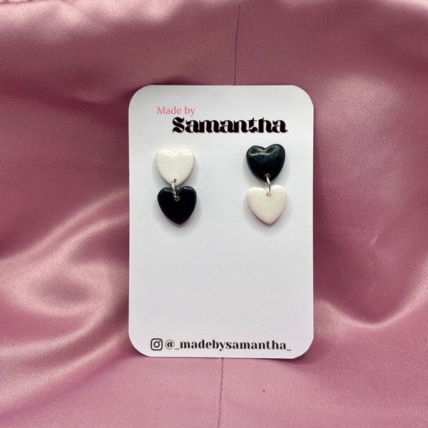 Black and white polymer clay two-tier dangly heart earrings | Valentine's earrings