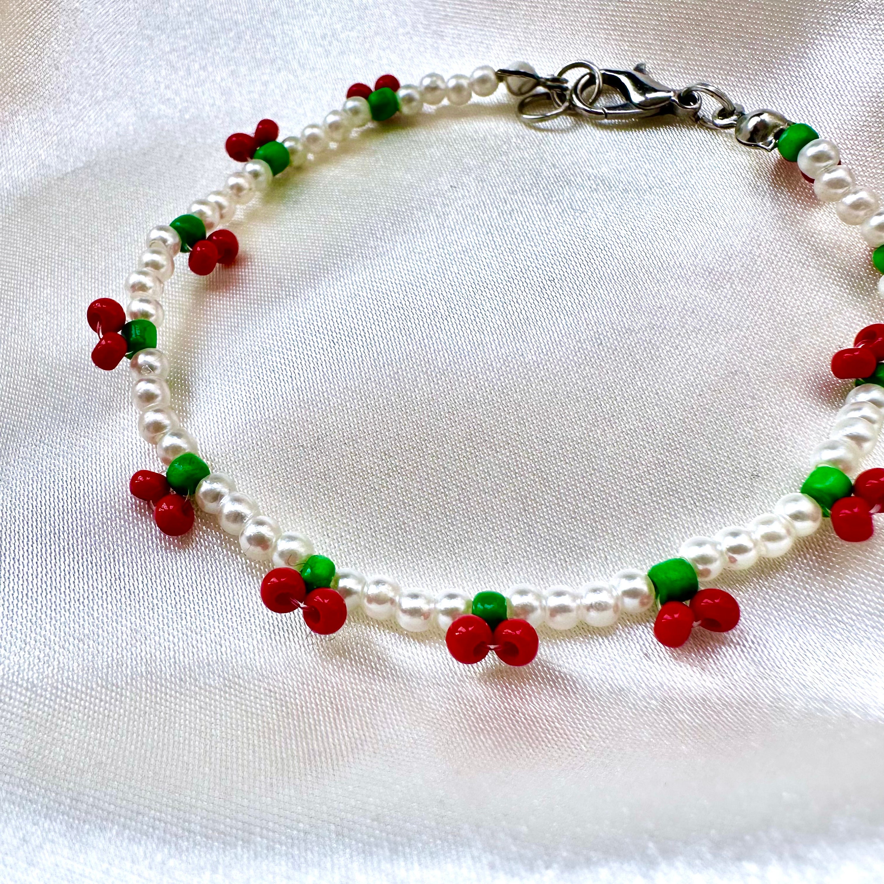 Handmade Cherry & Faux Pearl Beaded Bracelet - Etsy