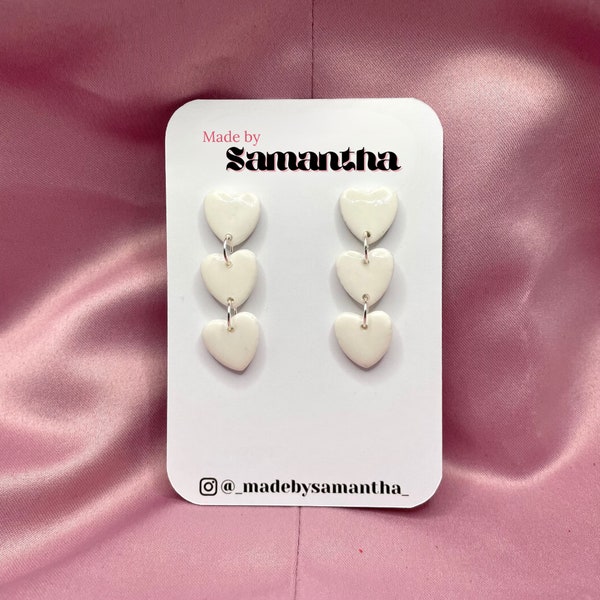 White polymer clay three-tier dangly heart earrings | Barbie Earrings | Valentine's earrings
