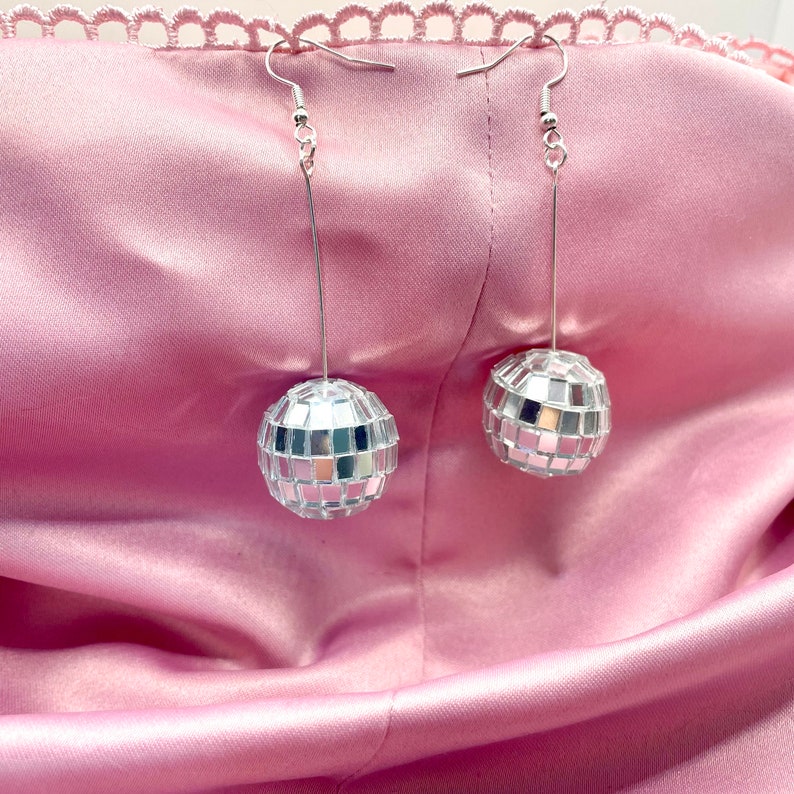 Disco ball earrings Hanging disco ball earrings Silver disco ball earrings image 2