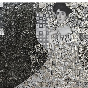 Gustav Klimt's "Adele Bloch-Bauer I" Reproduction, Black and White, Silver Hand-Painted Oil on Canvas, In Stock & Ready to Ship!