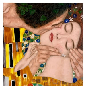 Gustav Klimt&#39;s &quot;The Kiss&quot; Reproduction, Hand-Painted Oil on Canvas, Fine Art Wall Décor, Gold Leaf Details, In Stock & Ready to Ship!