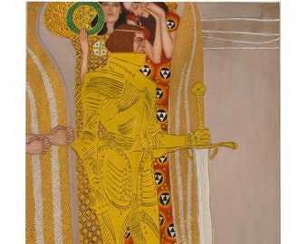 Gustav Klimt The Beethoven Friezec - Knight in Shining Armor, Hand Painted Oil Painting 36X54''