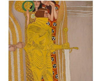 Pintura de Klimt "Caballero con armadura brillante", óleo sobre lienzo con pan de oro, friso de Beethoven, arte mural de Gustav Klimt, decoración simbolista.