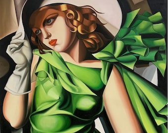 Tamara de Lempicka Young Girl in a Green Dress(Jeune Fille Vert) Repro, Oil painting on canvas, 100% Hand painted  24x32"