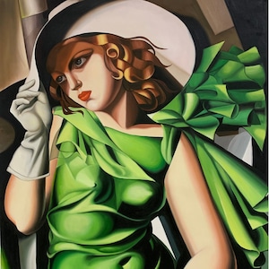 La joven con un vestido verde (Jeune Fille Vert) de Tamara de Lempicka, reproducción al óleo pintada a mano sobre lienzo, 24 x 32 pulgadas. ¡En stock y listo para enviar!