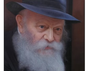 Rabbi Menachem Mendel Schneerson Portrait, Hand-Painted Jewish Oil Painting