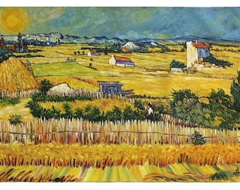 &quot;Mietitura a La Crau con Montmajour sullo sfondo&quot; di Vincent Van Gogh - Olio dipinto a mano su tela 24x48&#39;&#39; - Disponibile e pronto per la spedizione!