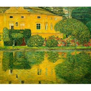 May include: A painting of a yellow building with a reflection in a pond. The building has a green roof and is surrounded by trees and flowers. The pond is a bright green and yellow color.